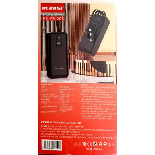 RECRSI RE-PB-203 Quick Charge LED Power Bank - 20000mah - Black - Image 2